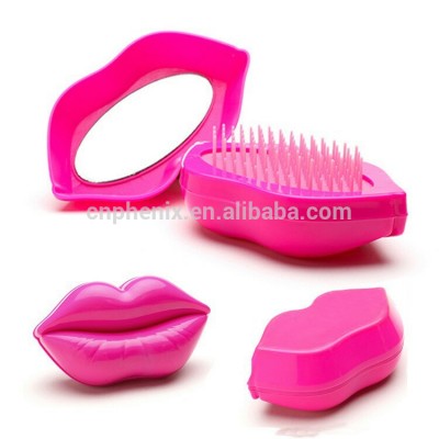 2020 Fashion Lip Shape Magic Detangling Tangle Plastic Hair Brush With Mirror